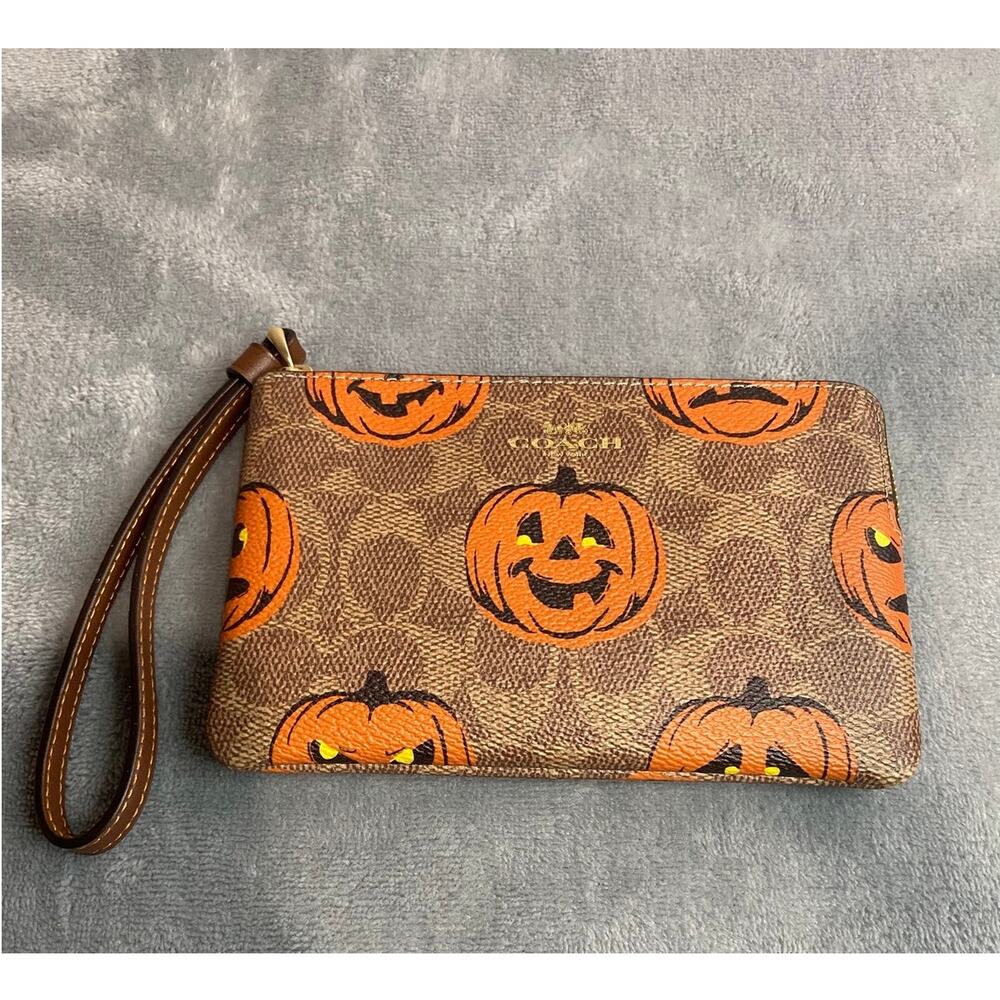 Coach Corner Zip Wristlet Brown Orange Leather Small Halloween Pumpkin Print NWT